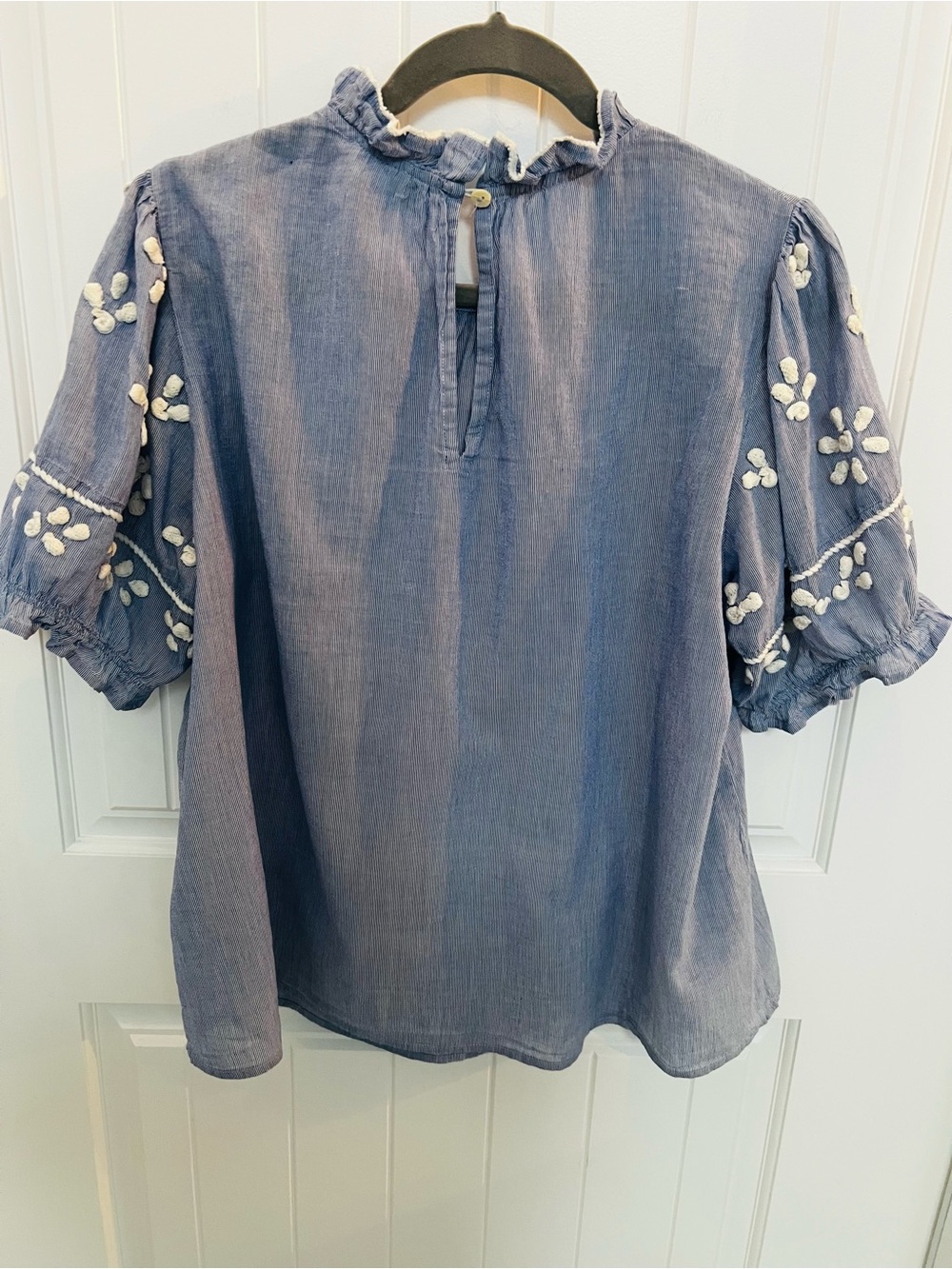 THML Blue & White Pinstripe Embroidered Floral Sleeve Cotton Top | Size L - Picture 8 of 8